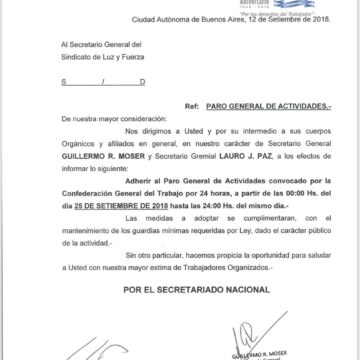 Adhesión a Paro General de Actividades