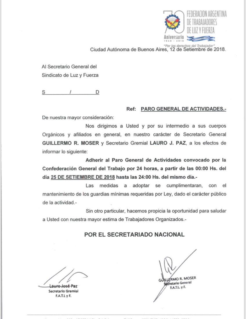 Adhesión a Paro General de Actividades